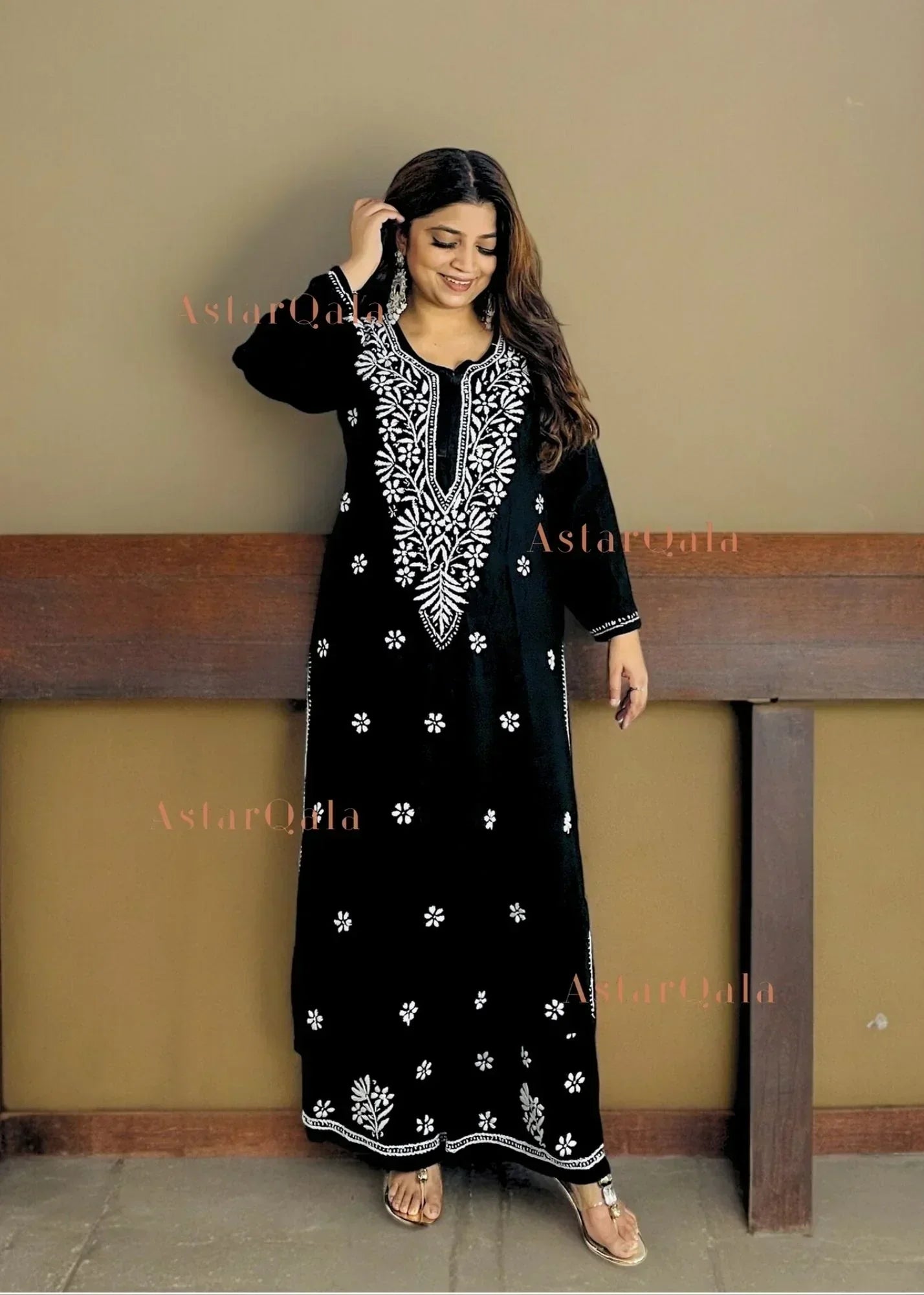Chikankari Cotton Straight Kurta Set For Women (Black)